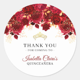 Adesivo Redondo Quinceanera Dourada Romântica Burgundia Obrigado