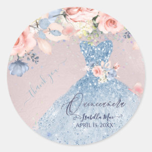 Adesivo Redondo Quinceanera Dusty Blue Glitter Blush Rosas C