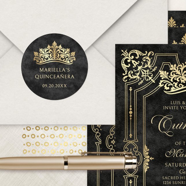 Adesivo Redondo Quinceanera Elegante da Coroa Negra Tiara (Criador carregado)