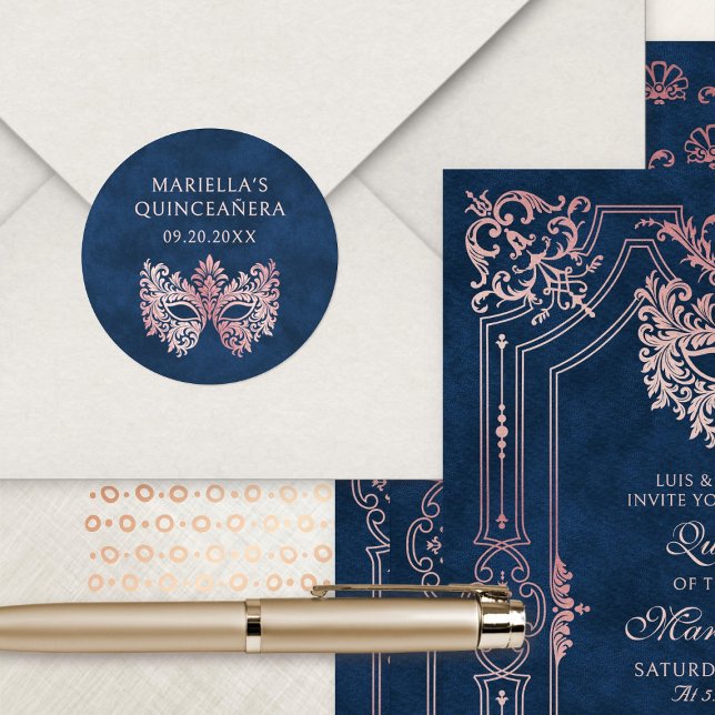 Adesivo Redondo Quinceanera Elegante de Mascarada rosa (Criador carregado)