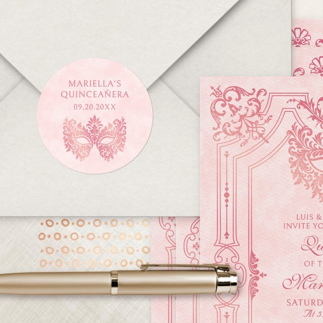 Adesivo Redondo Quinceanera Elegante de Mascarada rosa (Criador carregado)