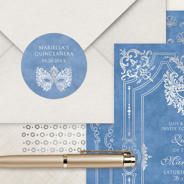 Adesivo Redondo Quinceanera Elegante Mascarada Azul (Criador carregado)