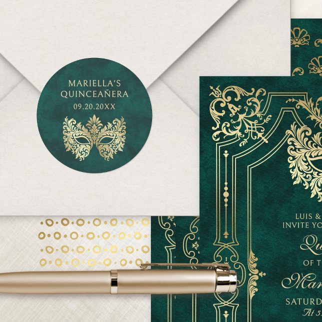 Adesivo Redondo Quinceanera Elegante Mascarada Verde (Criador carregado)