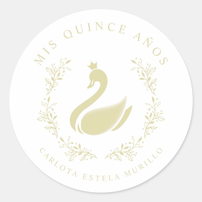 Adesivo Redondo Quinceañera Espanhol Amarelo e Dourado Cisne Român (Frente)