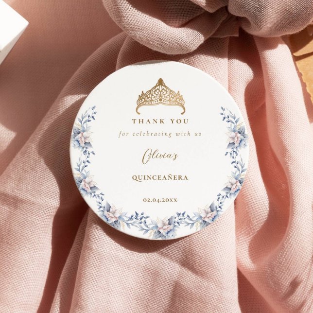Adesivo Redondo Quinceañera Floral Azul Tiara Dourada Elegante (Criador carregado)