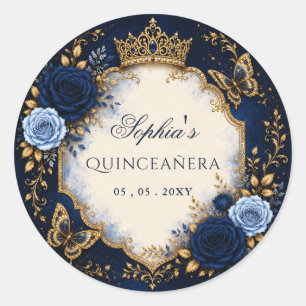 Adesivo Redondo Quinceañera Floral Borboleta Dourada Marinho
