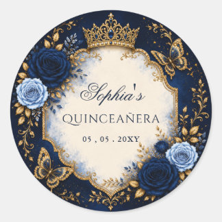 Adesivo Redondo Quinceañera Floral Borboleta Dourada Marinho