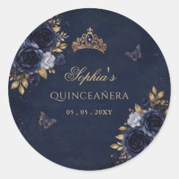 Adesivo Redondo Quinceañera Floral Borboleta Dourada Marinho