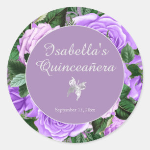 Adesivo Redondo Quinceañera Floral Borboleta Roxa Vintage