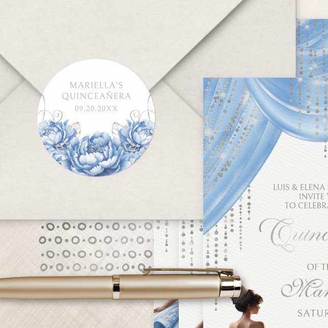 Adesivo Redondo Quinceanera Floral Clara Azul (Criador carregado)
