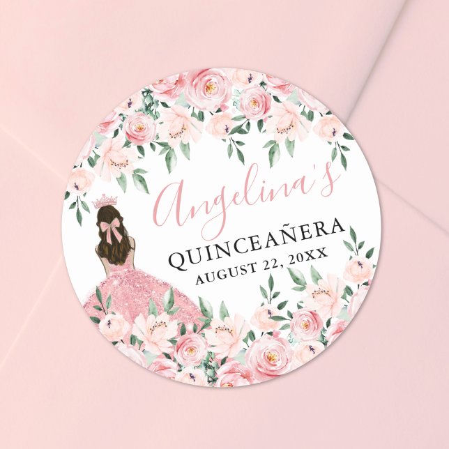 Adesivo Redondo Quinceanera Floral Cor-de-Rosa Esbranquiçada (Blush Pink Crown Floral Quinceanera Classic Round Sticker )