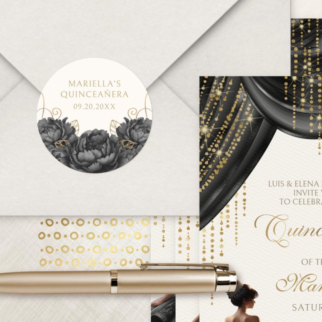 Adesivo Redondo Quinceanera Floral Negra (Criador carregado)