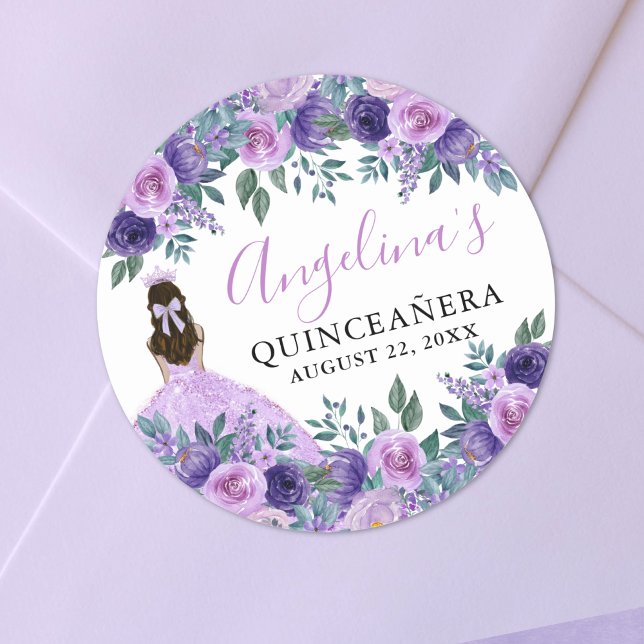 Adesivo Redondo Quinceanera Floral Puro Elegante (Purple Elegant Floral Quinceanera Classic Round Sticker)