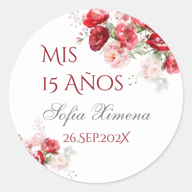 Adesivo Redondo Quinceañera floral rojo (Frente)