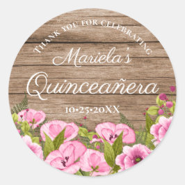 Adesivo Redondo Quinceañera Floral Rosa-Cinética Russa Obrigado
