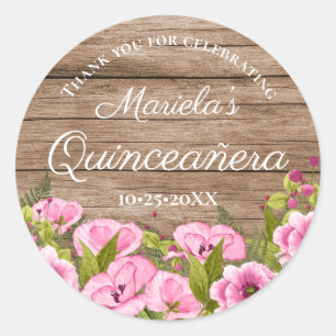 Adesivo Redondo Quinceañera Floral Rosa-Cinética Russa Obrigado