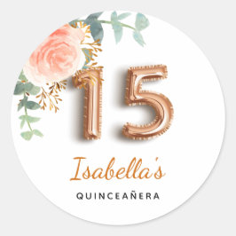 Adesivo Redondo Quinceanera floral rosa de ouro eucalipto monogram