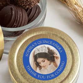 Adesivo Redondo Quinceañera Foto Simples Blue Dourado Obrigado