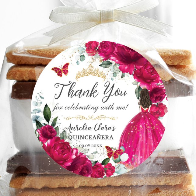 Adesivo Redondo Quinceañera Fuchsia Rosa Princesa Floral Dourada (Criador carregado)