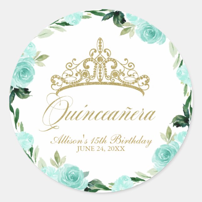 Adesivo Redondo Quinceanera God Glitter Tiara Teal Floral (Frente)
