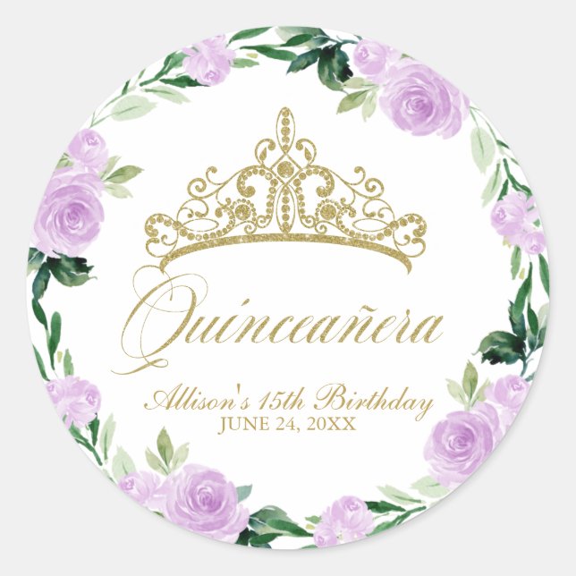 Adesivo Redondo Quinceanera God Tiara Purple Lilac Floral (Frente)