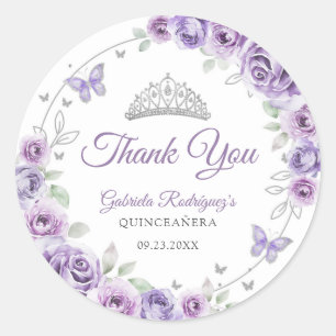Adesivo Redondo Quinceanera Lilás Roxo Floral Prata