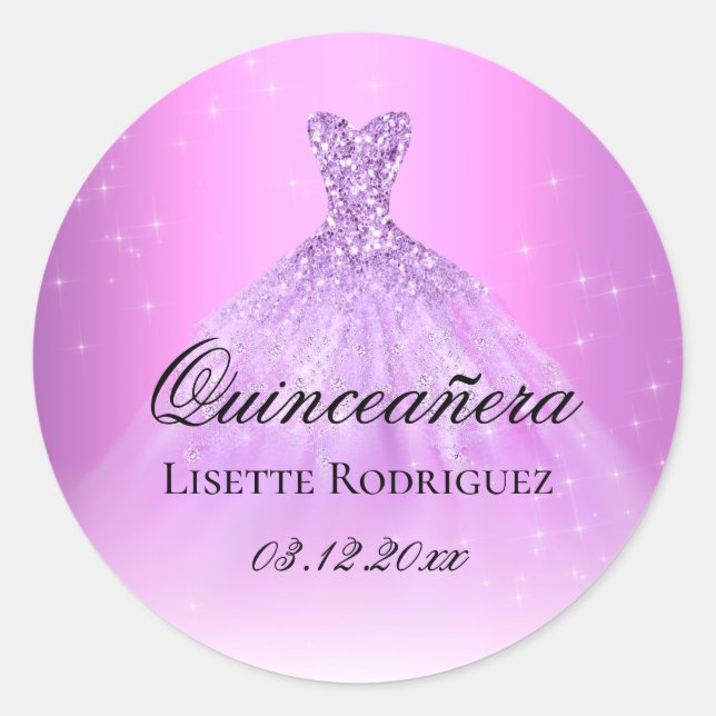 Adesivo Redondo Quinceanera Lilás Roxo Personalizado Elegante (Frente)