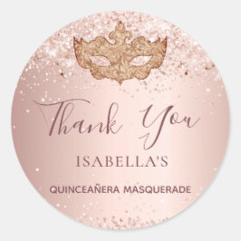 Adesivo Redondo Quinceanera mascarada rosa gold Obrigado