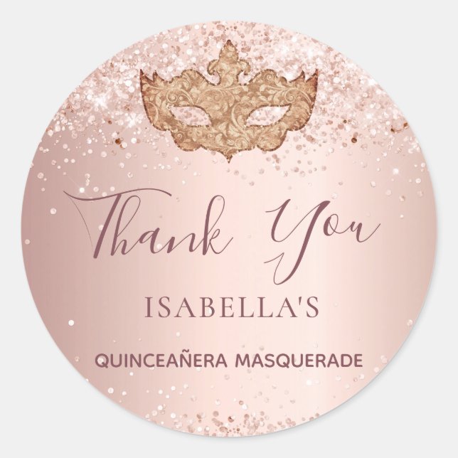 Adesivo Redondo Quinceanera mascarada rosa gold Obrigado (Frente)