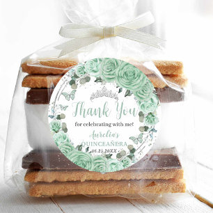 Adesivo Redondo Quinceañera Mint Floral Silver Butterflies