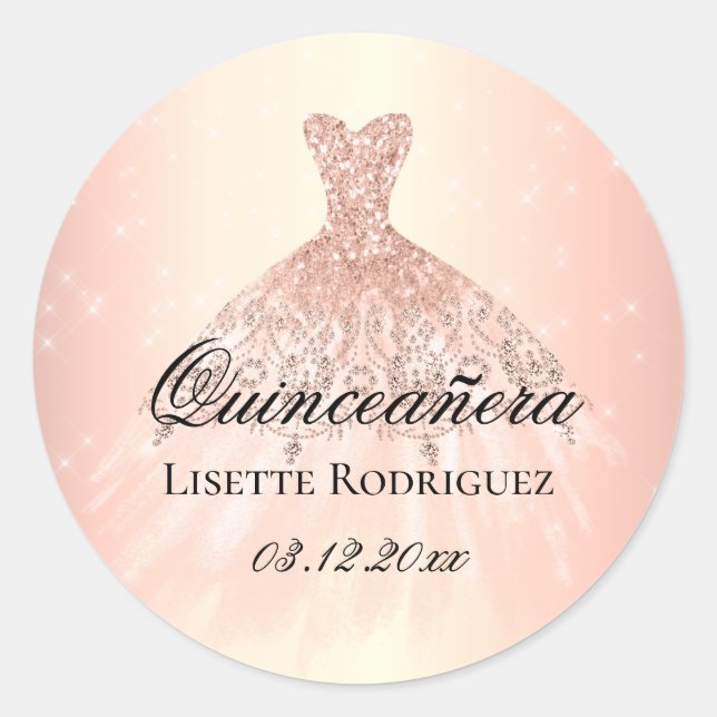 Adesivo Redondo Quinceanera Personalizada Elegante Rosa Dourada (Frente)
