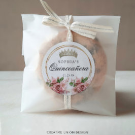 Adesivo Redondo Quinceañera Pink Rose Crown Aniversário Favoritos