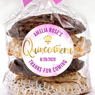 Adesivo Redondo Quinceañera Pink Watercolor Gold Foil Moderna Glam