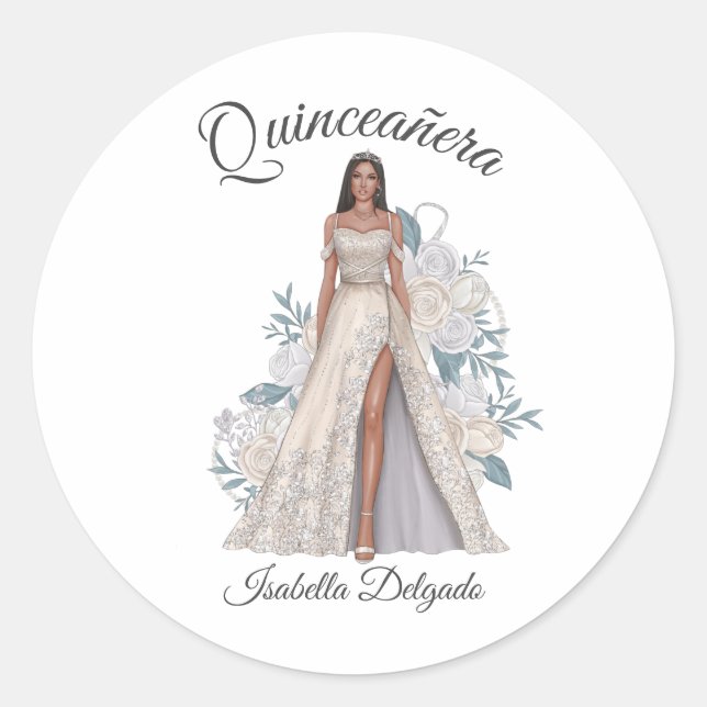 Adesivo Redondo Quinceanera Princess Gown Tiara Sticker (Frente)