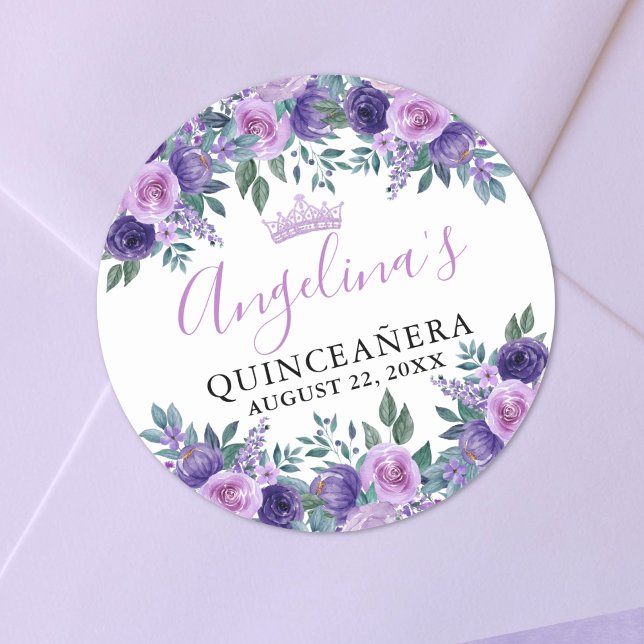 Adesivo Redondo Quinceanera Puro Floral (Floral Purple Quinceanera Classic Round Sticker)