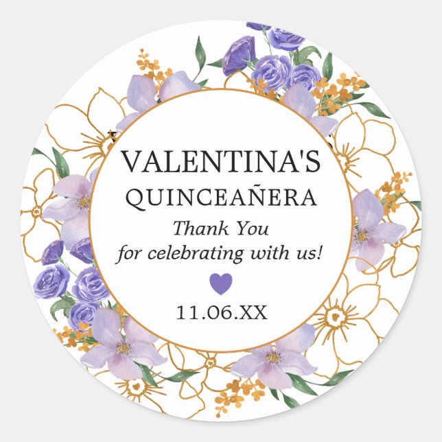 Adesivo Redondo Quinceanera Purple Dourado Favor Floral Obrigado