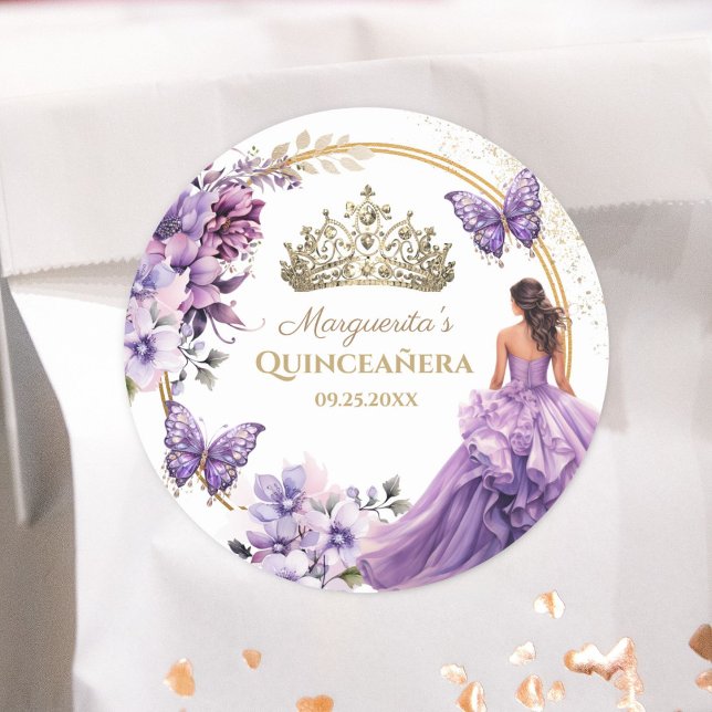 Adesivo Redondo Quinceañera Purple Floral Dourada Tiara Butterfly (Criador carregado)