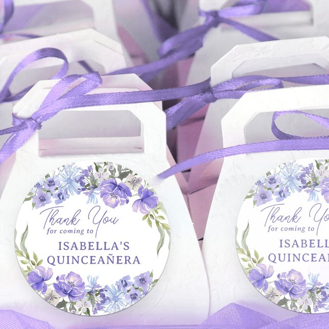 Adesivo Redondo Quinceanera Purple Peri Floral Obrigado (Quinceanera thank you stickers with elegant purple floral theme)