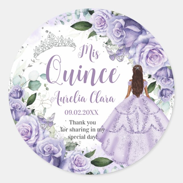 Adesivo Redondo Quinceañera Purple Rosa Floral Prata Princesa (Frente)