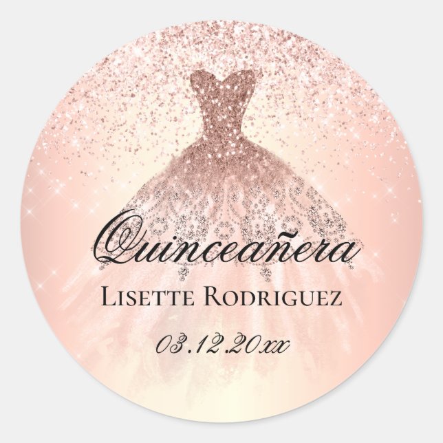 Adesivo Redondo Quinceanera rosa Dourada Personalizada (Frente)