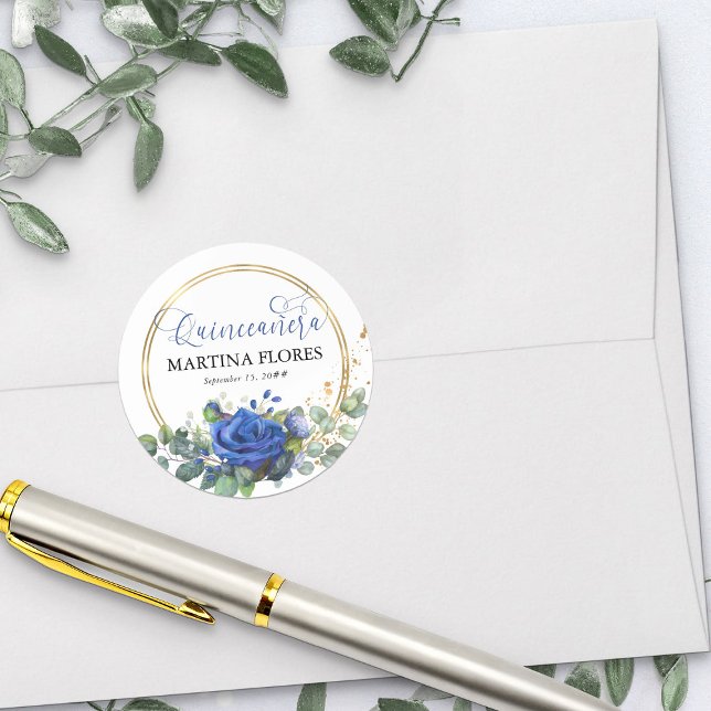 Adesivo Redondo Quinceanera Rosa Elegante Real (Envelope seal or favor sticker from my Rose and Eucalyptus Quinceanera collection)