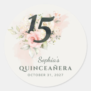 Adesivo Redondo Quinceanera Rosa, Rústica Floral, 15, Aniversári