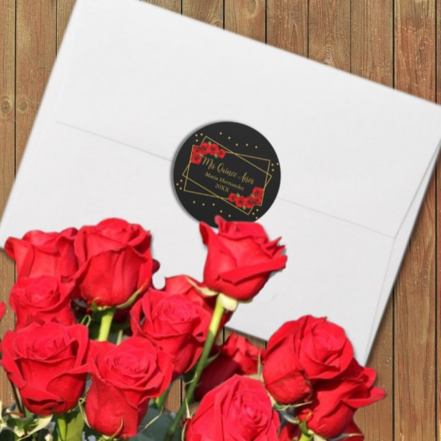 Adesivo Redondo Quinceañera rosa vermelha Preta e Dourada (Criador carregado)