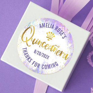 Adesivo Redondo Quinceañera Roxo Aquarela Folha Dourada Elegante