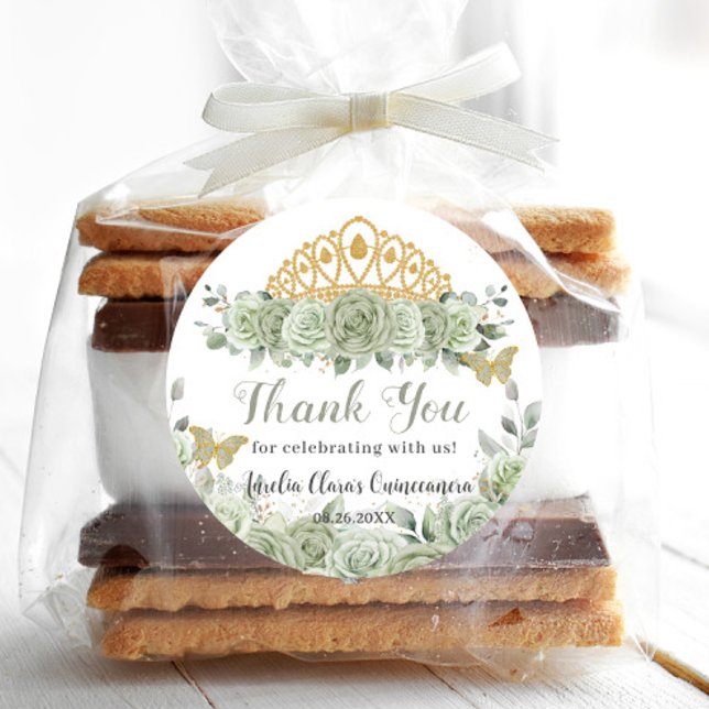 Adesivo Redondo Quinceañera Sage Green Floral Dourada Borboleta (Criador carregado)