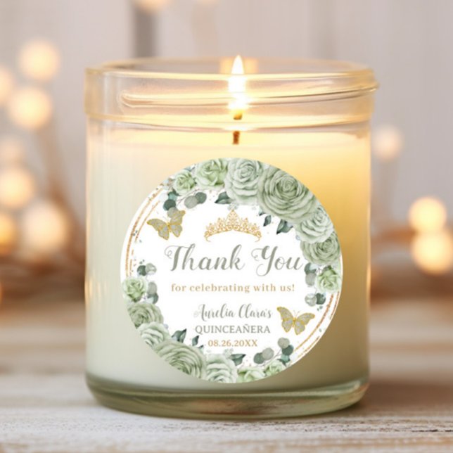 Adesivo Redondo Quinceañera Sage Verdes Borboletas Douradas Florai (Criador carregado)