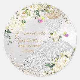 Adesivo Redondo Quinceanera Silver Gown Glitter Dourado Creme Rosa