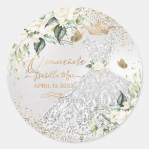 Adesivo Redondo Quinceanera Silver Gown Glitter Dourado Creme Rosa