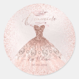 Adesivo Redondo Quinceañera, Sparkle Gown, Faux Rosa Dourado