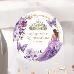 Adesivo Redondo Quinceañera Tiaro Borboleta Floral Dourado Roxo